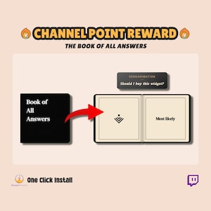 May include: An image promoting "CHANNEL POINT REWARD" with the text "THE BOOK OF ALL ANSWERS." It shows a black book labeled "Book of All Answers" and an open book with "Most likely" on one page. A red arrow points from the closed book to the open book.