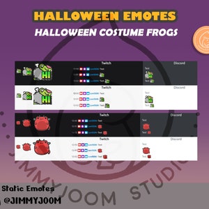 Puede incluir: Ocho emoticonos est&aacute;ticos de Twitch y Discord que representan una rana verde con un disfraz de fantasma y una rana roja con un disfraz de diablo. Los emoticonos est&aacute;n etiquetados como "x8 Static Emotes by @JIMMYJOOM".