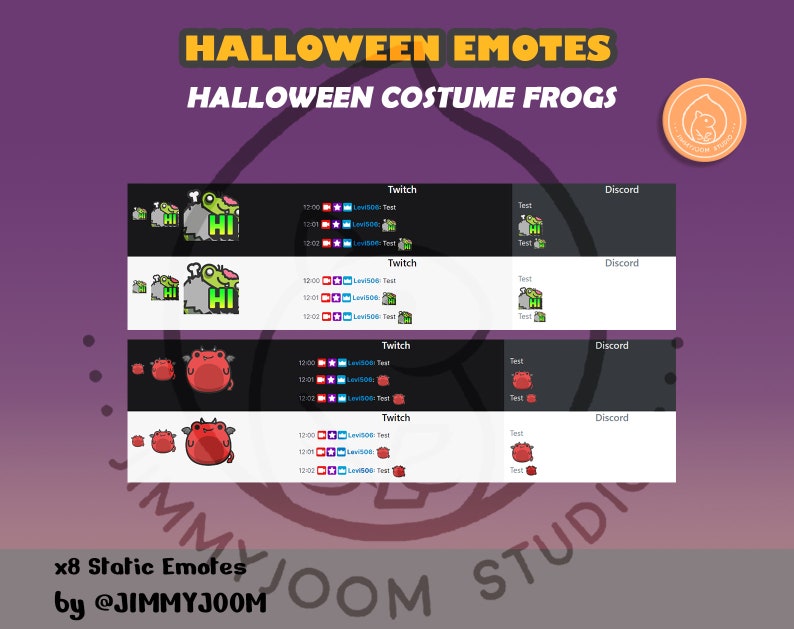 Puede incluir: Ocho emoticonos est&aacute;ticos de Twitch y Discord que representan una rana verde con un disfraz de fantasma y una rana roja con un disfraz de diablo. Los emoticonos est&aacute;n etiquetados como "x8 Static Emotes by @JIMMYJOOM".