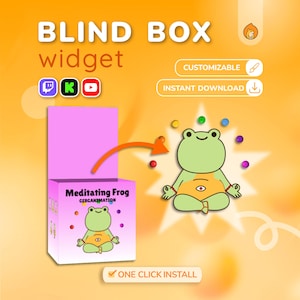 Peut inclure: Image promotionnelle pour un widget "Blind Box", avec une grenouille de dessin animé en méditation. La boîte rose est étiquetée "Meditating Frog" avec le texte "CERGANIMATION". L'image comprend des icônes de personnalisation et de téléchargement instantané, et un bouton "One Click Install".