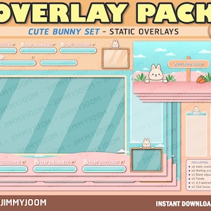 Cute Kawaii Bunny Rabbit Overlay Pack / Webcam Overlay / Waiting Screens / Pink / Kawaii Blue Pastel Cute Stream Setup Aesthetic