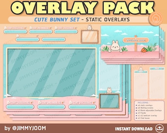 Cute Kawaii Bunny Rabbit Overlay Pack / Webcam Overlay / Waiting Screens / Pink / Kawaii Blue Pastel Cute Stream Setup Aesthetic