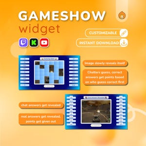 K&ouml;nnte beinhalten: Digitales Gameshow-Widget mit dem Text "GAMESHOW widget" in Wei&szlig;. Das Bild zeigt zwei Spielbildschirme mit interaktiven Elementen, darunter ein Ratespiel und eine Chat-Funktion. Das Widget ist anpassbar und sofort zum Download verf&uuml;gbar.