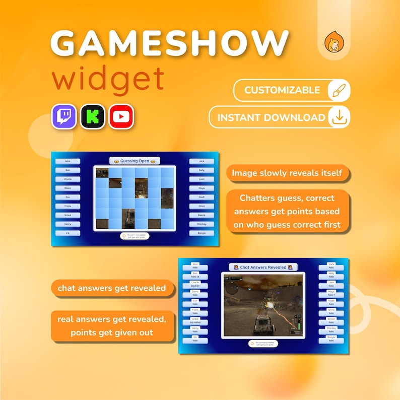 K&ouml;nnte beinhalten: Digitales Gameshow-Widget mit dem Text "GAMESHOW widget" in Wei&szlig;. Das Bild zeigt zwei Spielbildschirme mit interaktiven Elementen, darunter ein Ratespiel und eine Chat-Funktion. Das Widget ist anpassbar und sofort zum Download verf&uuml;gbar.