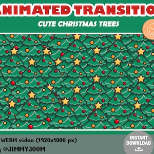 Puede incluir: Vídeo de transición animado con un patrón repetitivo de árboles de Navidad verdes con adornos rojos, estrellas amarillas y detalles dorados. El texto "CUTE CHRISTMAS TREES" está en la parte superior de la imagen.