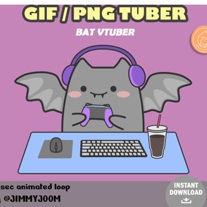 Cute Bat Animated GIFTuber PNGTuber VTuber for Twitch Streaming / Gray Purple Bat Bubble Tea Boba Tea / Kawaii / Aesthetic / Stream Setup