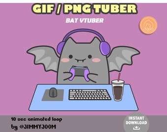 Cute Bat Animated GIFTuber PNGTuber VTuber for Twitch Streaming / Gray Purple Bat Bubble Tea Boba Tea / Kawaii / Aesthetic / Stream Setup