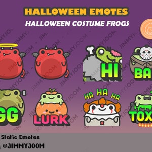 Puede incluir: Ocho emoticonos con tem&aacute;tica de Halloween que representan ranas vestidas con varios disfraces. Los disfraces incluyen un diablo, una calabaza, un payaso, un zombi, una m&aacute;scara de Jason Voorhees y un halo. Los emoticonos son de estilo de dibujos animados y tienen texto como "GG", "Lurk", "Toxic", "Hi" y "Ban".