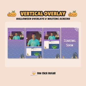 May include: A promotional image for Halloween-themed vertical overlays and waiting screens. The design features a purple and blue gradient background with pumpkins, tombstones, and spiderwebs. The text reads "VERTICAL OVERLAY" and "STARTING SOON."