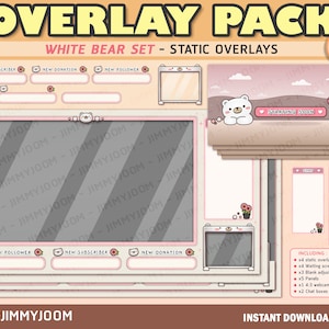 May include: A set of static overlays for Twitch or YouTube streaming featuring a white bear design. The overlays include a starting soon screen, chat boxes, panels, and a webcam overlay. The overlays are in a pink and brown color scheme with a cute, cartoonish style.