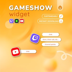 K&ouml;nnte beinhalten: Ein digitales Grafikdesign mit den Worten "GAMESHOW widget" in wei&szlig;er Schrift. Das Bild zeigt Social-Media-Symbole f&uuml;r Twitch, Kick und YouTube. Zus&auml;tzlicher Text lautet "ANPASSBAR" und "SOFORT-DOWNLOAD".
