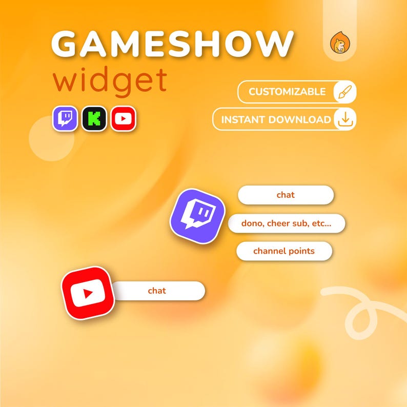K&ouml;nnte beinhalten: Ein digitales Grafikdesign mit den Worten "GAMESHOW widget" in wei&szlig;er Schrift. Das Bild zeigt Social-Media-Symbole f&uuml;r Twitch, Kick und YouTube. Zus&auml;tzlicher Text lautet "ANPASSBAR" und "SOFORT-DOWNLOAD".