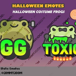 Puede incluir: Dos emoticonos digitales con ranas verdes vestidas con disfraces de Halloween. El primer emoticono muestra una rana con un disfraz de Frankenstein cosido con el texto "GG" en verde y amarillo. El segundo emoticono muestra una rana con un caldero de bruja con el texto "TOXIC" en verde y amarillo.