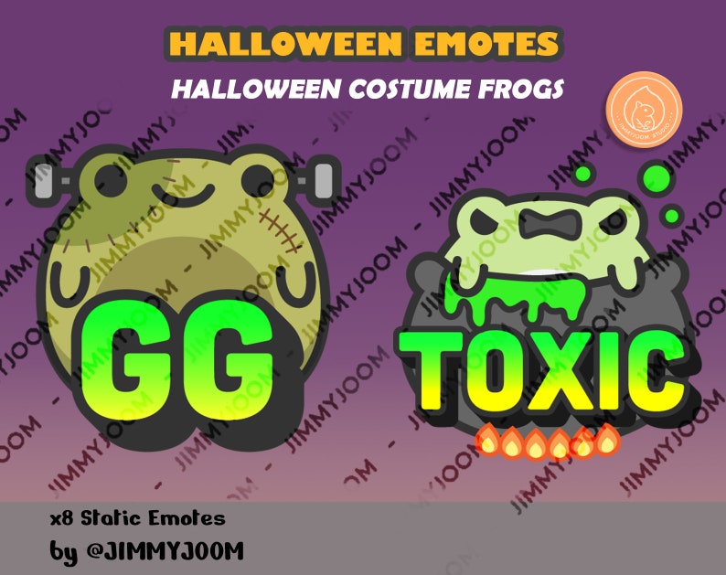 Puede incluir: Dos emoticonos digitales con ranas verdes vestidas con disfraces de Halloween. El primer emoticono muestra una rana con un disfraz de Frankenstein cosido con el texto "GG" en verde y amarillo. El segundo emoticono muestra una rana con un caldero de bruja con el texto "TOXIC" en verde y amarillo.