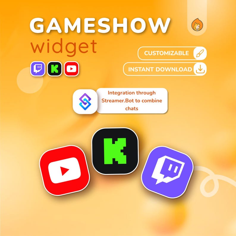 K&ouml;nnte beinhalten: Ein orangefarbenes und gelbes Grafikdesign, das ein "GAMESHOW-Widget" bewirbt. Das Bild enth&auml;lt Logos f&uuml;r Twitch, Kick und YouTube sowie Text, der Anpassung und sofortigen Download anzeigt. Es erw&auml;hnt auch die Integration &uuml;ber Streamer.Bot.