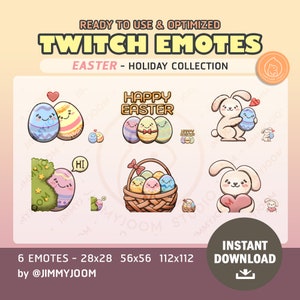 May include: Set of six Easter-themed Twitch emotes featuring a bunny holding an egg, a basket of eggs, and a pair of eggs with faces. The emotes are in various sizes, including 28x28, 56x56, and 112x112 pixels. The text "Happy Easter" is included in the image.