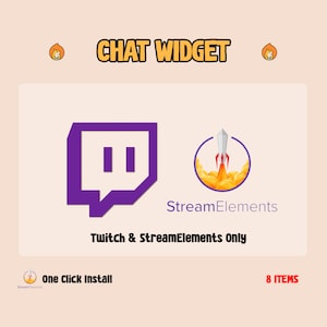 May include: Purple Twitch chat widget featuring the Twitch logo and the StreamElements logo. The text "CHAT WIDGET" is at the top of the image. The text "Twitch & StreamElements Only" is below the logos. The text "One Click Install" is at the bottom left of the image. The text "8 ITEMS" is at the bottom right of the image.