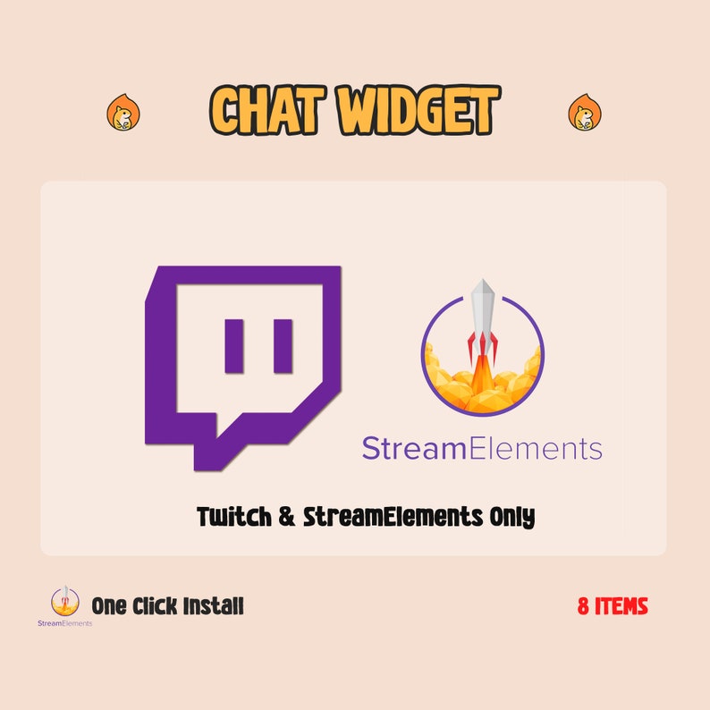 May include: Purple Twitch chat widget featuring the Twitch logo and the StreamElements logo. The text "CHAT WIDGET" is at the top of the image. The text "Twitch & StreamElements Only" is below the logos. The text "One Click Install" is at the bottom left of the image. The text "8 ITEMS" is at the bottom right of the image.