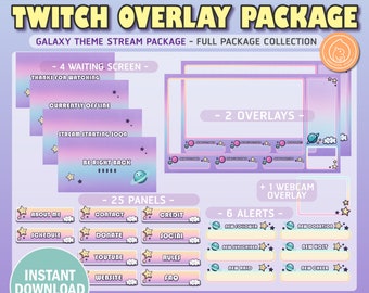 Cute Twitch Overlay Pack - Full Pack - Kawaii / Aesthetic / Pink / Purple / Blue / Streamer Graphics / Sparkle / Pastel / Stream