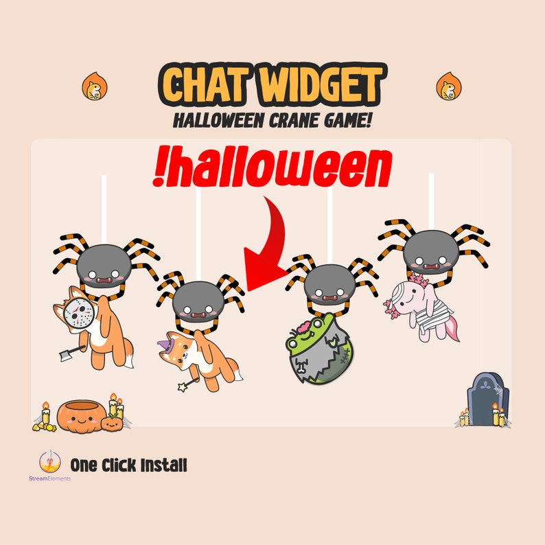 Pu&ograve; includere: Un widget di chat a tema Halloween con un gioco di gru che presenta simpatici ragni dei cartoni animati che tengono vari premi a tema Halloween. Il testo "!halloween" &egrave; visualizzato in grandi caratteri grassetto. Il testo "CHAT WIDGET HALLOWEEN CRANE GAME!" &egrave; anche visualizzato.