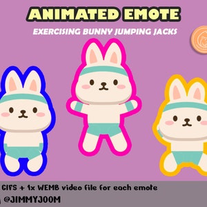 May include: Animated GIF of a white bunny rabbit wearing a blue headband and blue shorts, doing jumping jacks. The bunny is outlined in pink, blue, and yellow. The text "ANIMATED EMOTE" and "EXERCISING BUNNY JUMPING JACKS" is at the top of the image. The text "4x GIFS + 1x WEMB video file for each emote" and "by @JIMMYJOOM" is at the bottom of the image.