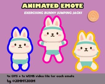 3x ANIMATED Dancing Bunny Twitch Emote Discord Emote Pack / Exercising Jumping Jack Emote / Cute Emote / Animated Emote / Kawaii / Rainbow