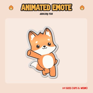 May include: Animated emote of a cartoon fox with orange fur, white belly, and black eyes, waving its right paw. The fox is standing on its hind legs and has a white tail. The text "dancing fox" is below the image.