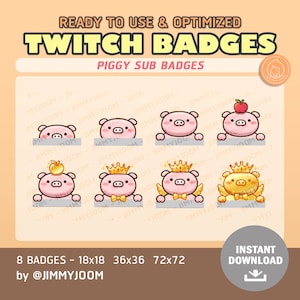 May include: Eight Twitch chat badges featuring a cartoon pig in various poses. The pig is wearing a crown, holding an apple, and has angel wings. The badges are available in three sizes: 18x18, 36x36, and 72x72 pixels.