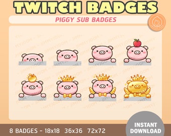 8x Twitch Pig Badges / Sub Badges Goals / Cute Piggy / Cute Stream Setup / Channel Points Rewards / Pink Gold Apple