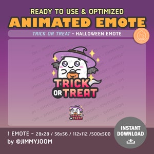 May include: Animated Halloween emote featuring a white ghost wearing a purple witch hat and holding a pumpkin. The ghost has a friendly expression and is surrounded by stars. The text "Trick or Treat" is written in bold letters below the ghost.
