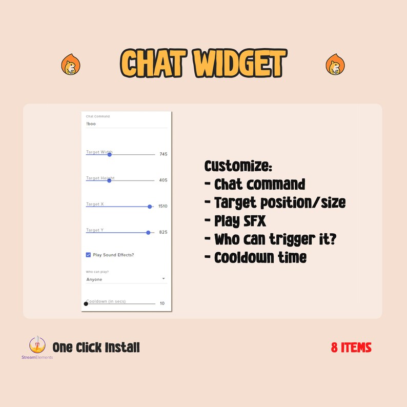 May include: A screenshot of a chat widget interface with the text "CHAT WIDGET" in bold, black letters. The widget allows users to customise chat commands, target position and size, play sound effects, and set a cooldown time. The text "One Click Install" is at the bottom of the image.