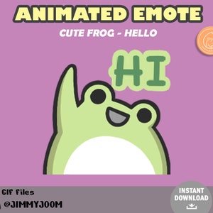 Könnte beinhalten: Animierter Emote mit einem hellgrünen Frosch mit schwarzen Augen und einem lächelnden Mund. Der Frosch sagt "HI" in einer grünen Sprechblase. Der Text "ANIMATED EMOTE" und "CUTE FROG - HELLO" stehen oben.