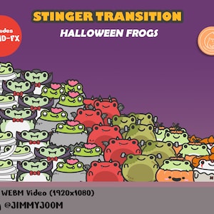 May include: A digital animation of Halloween frogs in various costumes, including a mummy, vampire, and pumpkin. The animation is a stinger transition for videos, with sound effects included. The text "STINGER TRANSITION HALLOWEEN FROGS" is at the top of the image. The text "x1 WEBM Video (1920x1080) by @JIMMYJOOM" is at the bottom of the image.