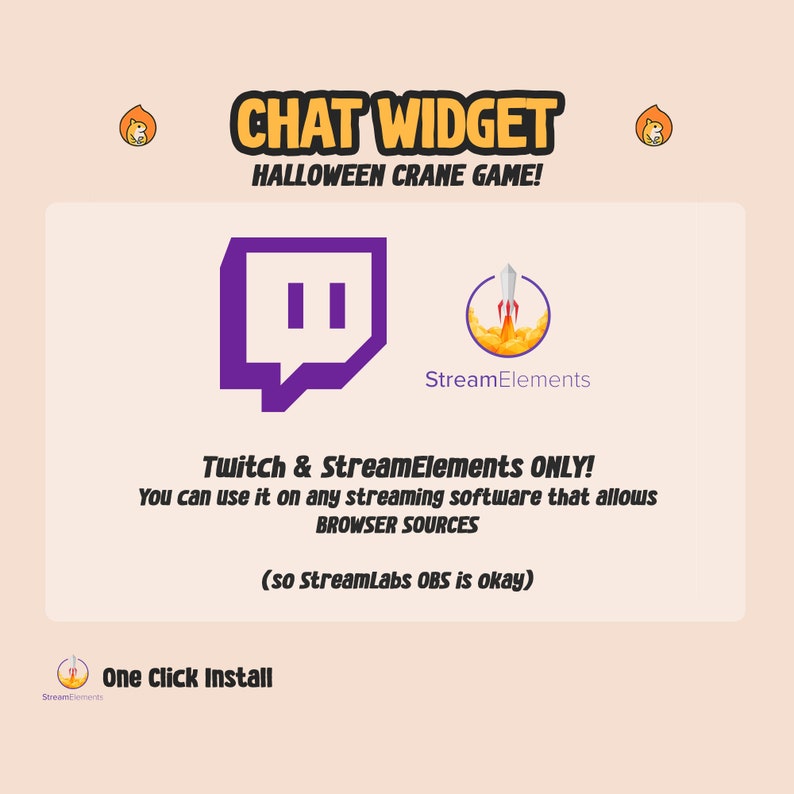 Pu&ograve; includere: Un widget di chat Twitch viola con un'icona di pausa viola e bianca. Il widget &egrave; etichettato "CHAT WIDGET HALLOWEEN CRANE GAME!" e presenta un logo StreamElements con un'icona di razzo. Il testo sottostante dice "Twitch & StreamElements ONLY! Puoi usarlo su qualsiasi software di streaming che consenta BROWSER SOURCES (quindi StreamLabs OBS va bene)" e "One Click Install".