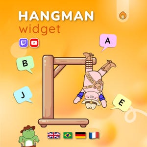 Könnte beinhalten: Eine digitale Grafik mit dem Titel HANGMAN widget, die ein als Sheriff verkleidetes Cartoon-Schwein zeigt, das kopfüber an einem hölzernen Galgen hängt. Das Bild enthält Sprechblasen mit den Buchstaben A, B, J und E sowie Symbole.