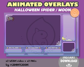 Animated Halloween Twitch Overlay / Spider Moon Overlays / Cute Kawaii Halloween / Cute Stream Setup / Streaming / Purple Blue Animation