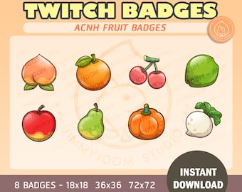 8x Fruit Twitch Badges / Sub Badges / Peach Orange Apple Pumpkin / Animal Crossing / Aesthetic Cute Stream / Bits Cheer Channel Points
