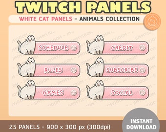x25 Cute White Cat Twitch Streamer Panels | Kawaii | Profile | Animal | Streaming | Aesthetic | Overlay Purple | Cute Stream Setup Cats