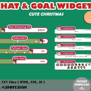 Pode incluir: Um conjunto de sete widgets de bate-papo e objetivos do Twitch com tema natalino. Os widgets apresentam um esquema de cores vermelho e branco com um Papai Noel de desenho animado e uma caixa de presente. O texto nos widgets inclui "Novo PC de streaming", "Inscritos", "Objetivo de seguidores", "Objetivo de bits", "Olá", "Este é o chat", "É fácil de configurar" e "Você não precisa saber código". Os widgets são projetados para serem usados em transmissões do Twitch para acompanhar o progresso em direção aos objetivos e interagir com os espectadores.