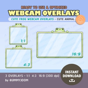 Puede incluir: Tres superposiciones de cámara web con una rana de dibujos animados asomándose por encima de la parte superior de cada marco. Los marcos están etiquetados como 1:1, 4:3 y 16:9. Las superposiciones están diseñadas para su uso con videollamadas y transmisión.