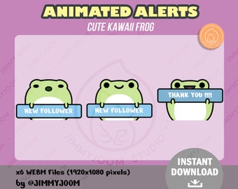 ANIMATED Frog Twitch Stream Alerts / Cute Kawaii Frog / Pastel Alert / New Follower / Subscriber / Raid / Frog Animation / Cute Stream Setup