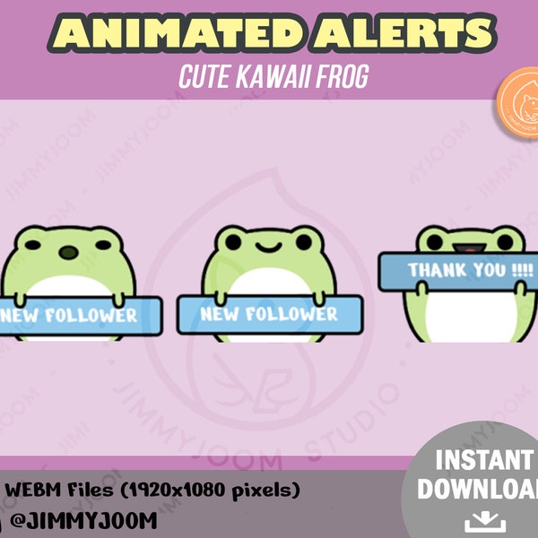 ANIMATED Frog Twitch Stream Alerts / Cute Kawaii Frog / Pastel Alert / New Follower / Subscriber / Raid / Frog Animation / Cute Stream Setup