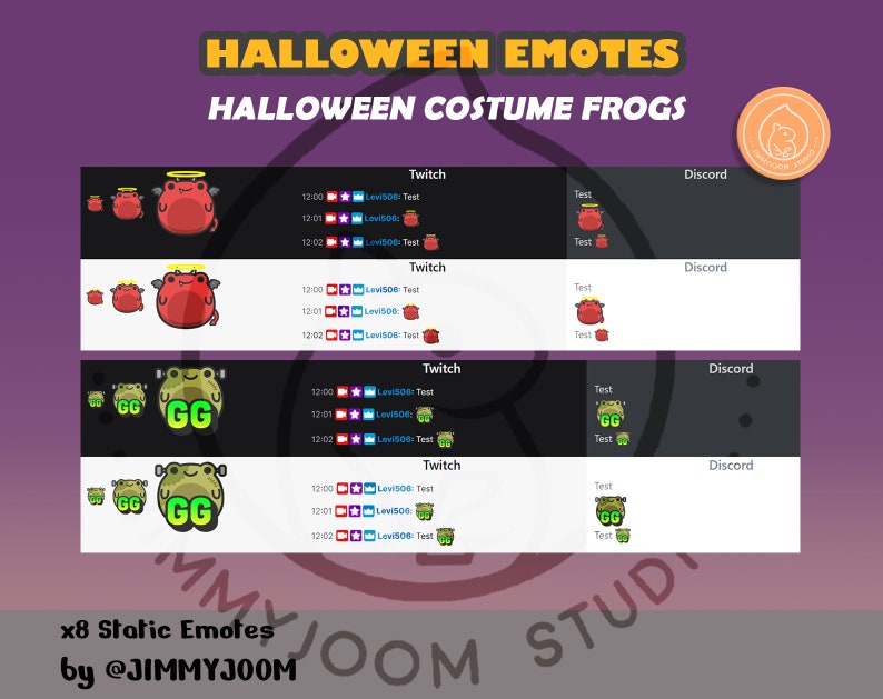 Puede incluir: Ocho emoticonos est&aacute;ticos de Twitch y Discord que representan una rana roja con cuernos de diablo y una rana verde con un sombrero verde con las letras GG. Los emoticonos se muestran en una cuadr&iacute;cula con el texto "Twitch" y "Discord" encima de cada columna. El texto "x8 Static Emotes by @JIMMYJOOM" est&aacute; en la parte inferior de la imagen.
