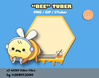 May include: A cartoon bee wearing headphones and holding a video game controller. The bee is sitting on a honeycomb-shaped background with a keyboard and a jar of honey. The text "BEE" TUBER PNG / GIF / VTuber" is at the top of the image.