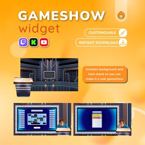 K&ouml;nnte beinhalten: Ein orangefarbenes und wei&szlig;es Grafikdesign, das ein "GAMESHOW-Widget" mit Twitch-, Kick- und YouTube-Logos bewirbt. Das Bild zeigt ein Mock-up eines Spielshow-Sets, einen Moderationsstand und zwei Bildschirme mit Spieloberfl&auml;chen. Text: "ANPASSBAR" und "SOFORTIGER DOWNLOAD."