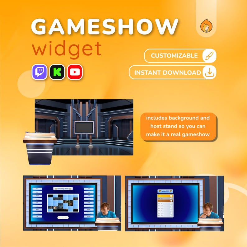 K&ouml;nnte beinhalten: Ein orangefarbenes und wei&szlig;es Grafikdesign, das ein "GAMESHOW-Widget" mit Twitch-, Kick- und YouTube-Logos bewirbt. Das Bild zeigt ein Mock-up eines Spielshow-Sets, einen Moderationsstand und zwei Bildschirme mit Spieloberfl&auml;chen. Text: "ANPASSBAR" und "SOFORTIGER DOWNLOAD."