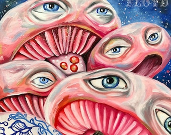 Unframed fine art print of oil painting pop surrealist surrealism eye mushrooms psychedelic magic hippie nature hallucinogenic dream trippy