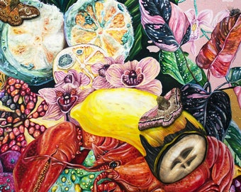 May include: A still life painting featuring a variety of fruits, vegetables, and flowers. The painting is done in a realistic style and features vibrant colors. The fruits and vegetables include a yellow banana, a red lobster, a green and white citrus fruit, and a red pomegranate. The flowers include pink orchids and white flowers with green leaves. The painting is signed "Baby Floyd" in the lower right corner.