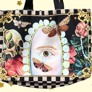 Lovers eye checkered cheque large tote canvas shopper bag moths floral botanical goth nature illustration unusual beige celestial star