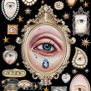 Unframed fine art print oil painting victorian lovers eye mourning jewllery curiosity curio collection stars celestial goth frames  surreal